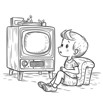 A boy sits in front of an old TV, transparent