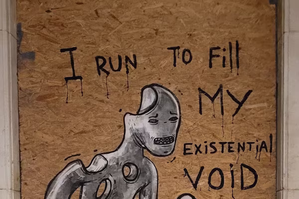Graffiti on a wooden board depicting a stylized, hollow running figure surrounded by hand-painted black text that reads, 'I RUN TO FILL MY EXISTENTIAL VOID.'. Warsaw, Poland 2025